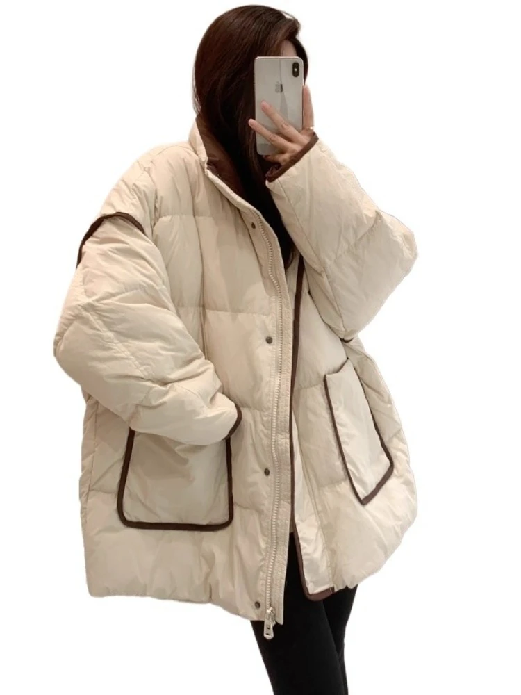 90%ダックダウンジャケット 韓国風 ルーズカラー ミドル丈コート 2025年冬新作 レディース スノーコート 厚手 暖かい アウター 女性用パーカー ブレッドスーツ