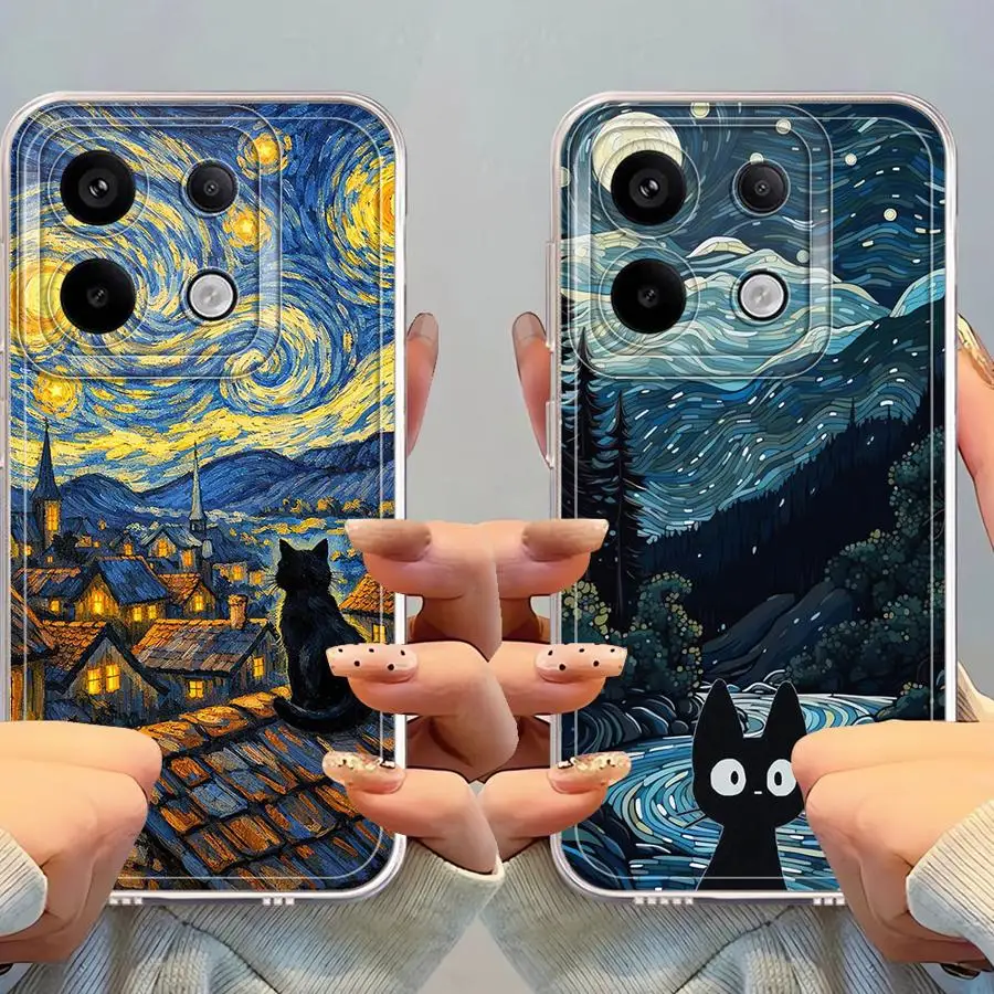 Case for Xiaomi Redmi Note 14 Pro Plus 11 9 10 A4 11S 13C 12S 10S Note 13 14C 12 Soft Phone Cover Van Gogh Starry Night Cat view 5