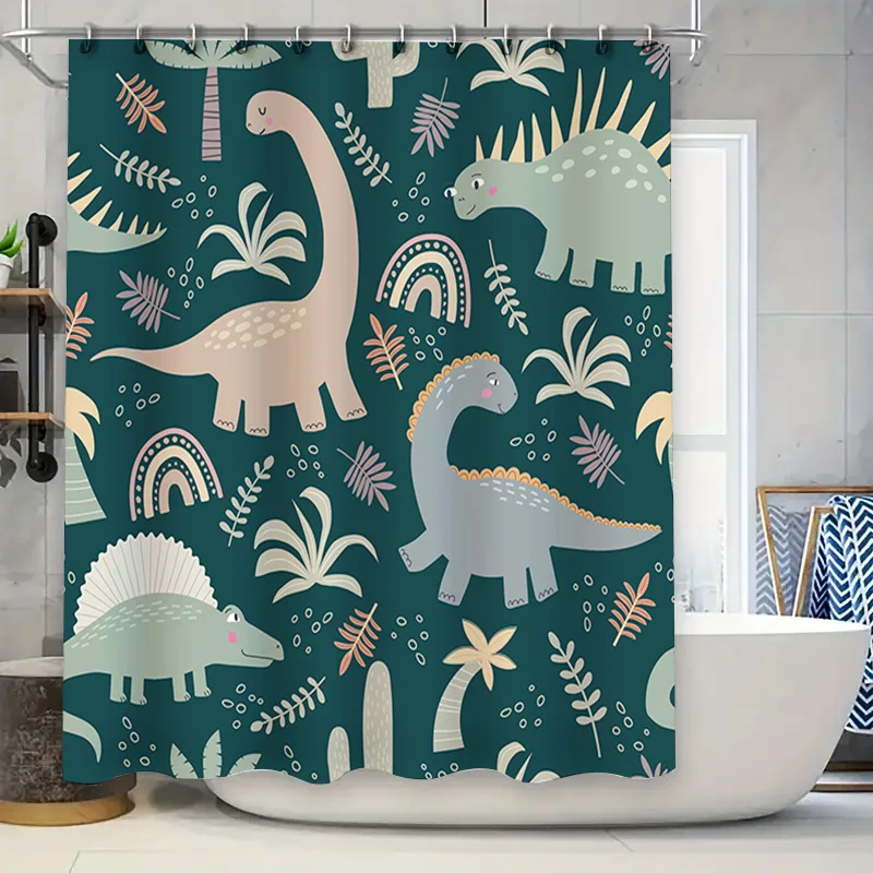 

Занавеска для душа с животным узором, водонепроницаемая ткань, мультяшная Т-Рекс, сине-зеленая, декоративные аксессуары для ванной комнаты, розовый цвет, 175x205 см