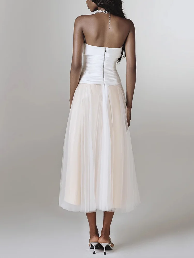 Abito lungo fluido senza schienale a strati smock da donna Abito lungo da cocktail party con volant in rete a vita alta Abito da sera elegante