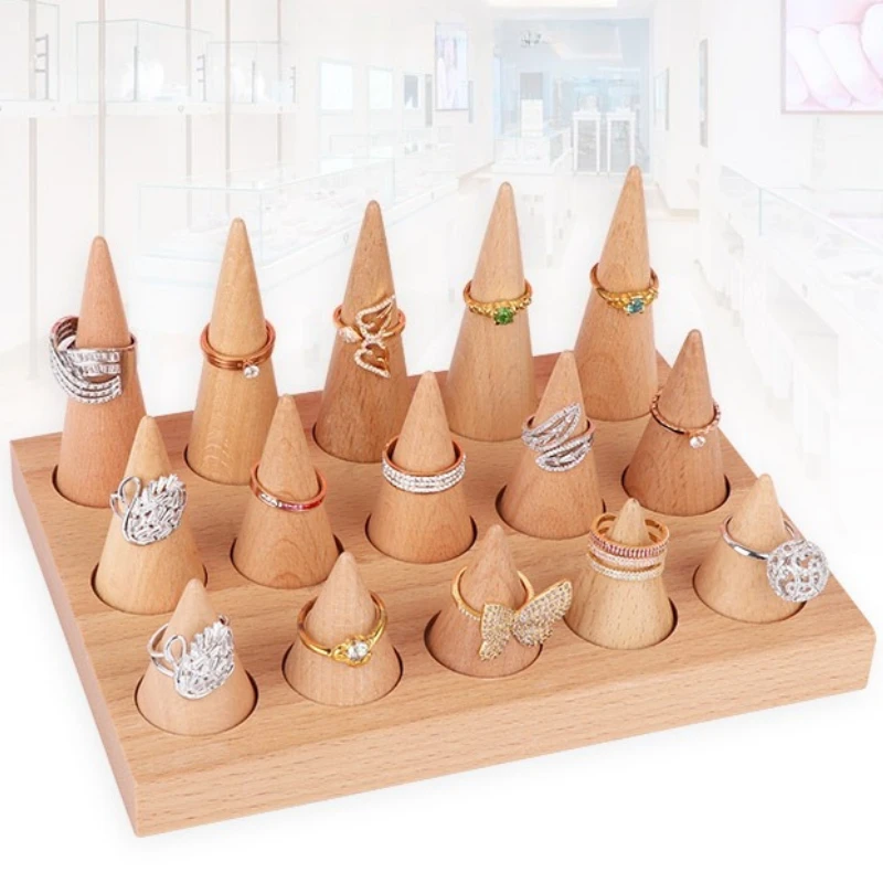 

Solid Wood Ring Stand Retro 15 Slot Rings Storage Holder Exhibitor Minimalist Jewelry Display Shelf Jewellery Organizer Prop
