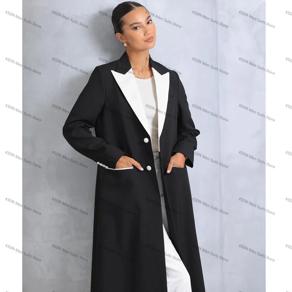 Black Women\'s Blazer One Long Jacket Single Breasted White Peak Lapel Formal Occasion Office Lady Loose Suits Muslim Abayas