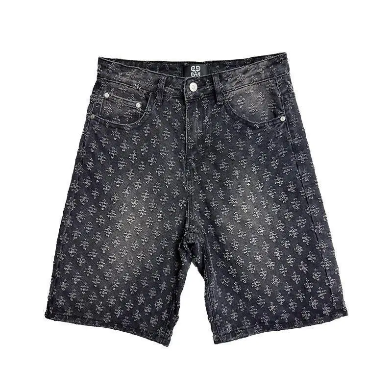 2025 New American High Street Jacquard Ripped Summer Loose Straight Retro Five-point Denim Shorts