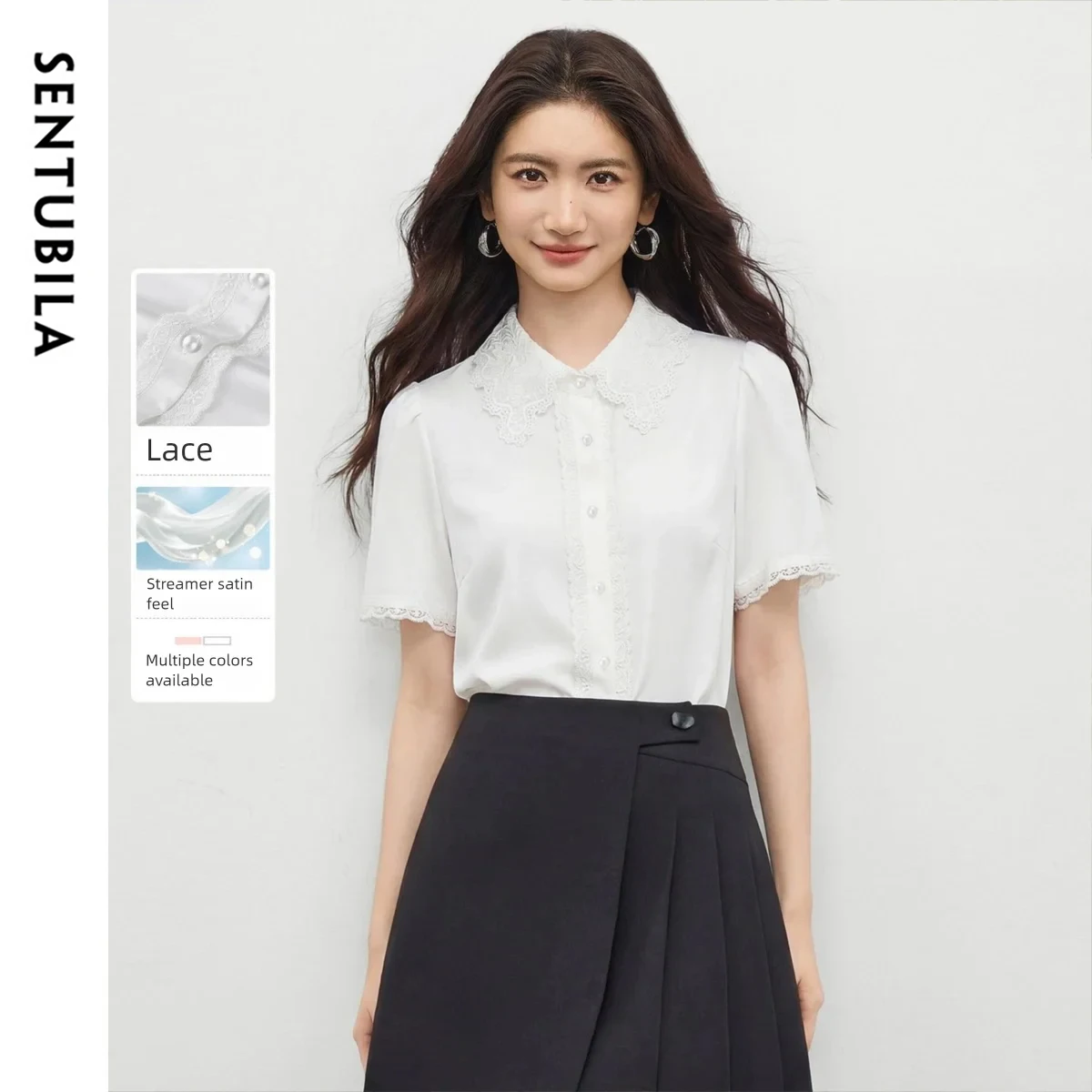 

SENTUBILA Women Floral Lace Collar Shirt Lace Beaded Button Slimming White Top 2026 Summer Elegant Commuter Wear 162CC7048