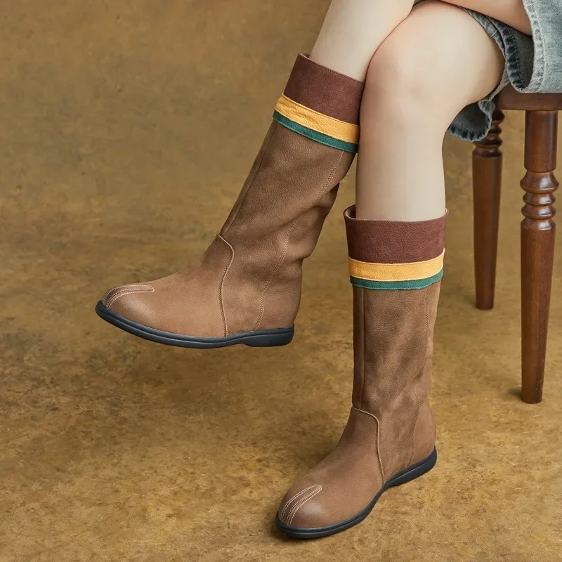 

Birkuir Retro Women Long Boots Slip On Flats Heel Boots Mixed Colors Shoes 2cm Low Heel Short Boots Genuine Leather Suede Inner