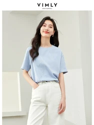 Vimly-Camiseta de algodón azul claro para mujer, camisetas bordadas 100%, jerséis de cuello redondo sólidos, Top informal de manga corta, M6911, 2024