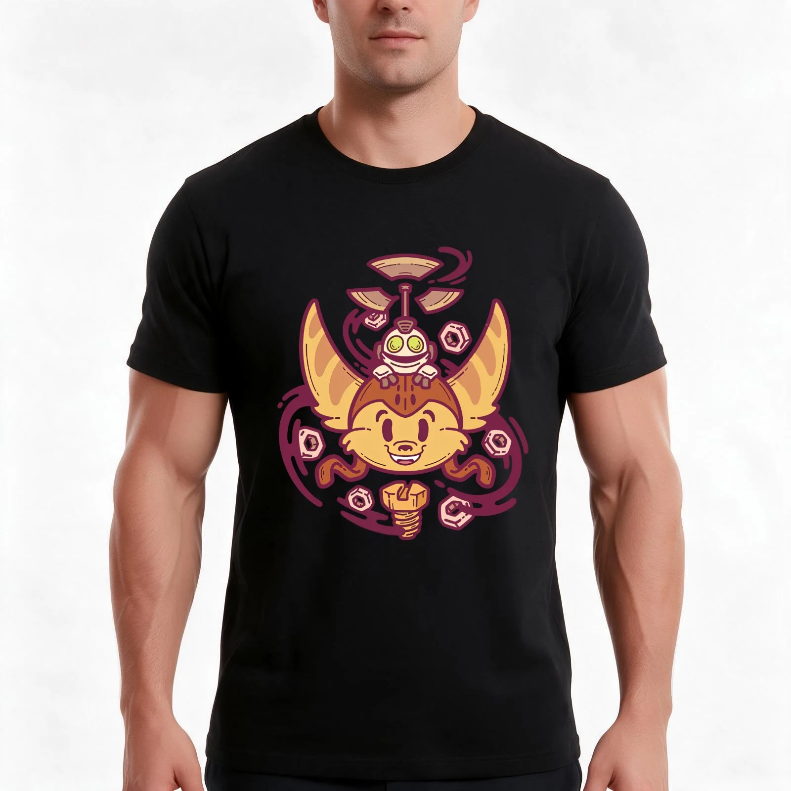 Ratchet & Clank T-Shirt, Summer Casual Cotton Tee, Oversized Streetwear Tops, Vintage Graphic Print, Loose Fit Short Sleeve