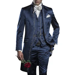 Men Suits Luxury Jacket Vest Pants Single Breasted Three Piece Outfits Wedding Formal Slim Fit Prom Party Navy Blue Tuxedo Terno