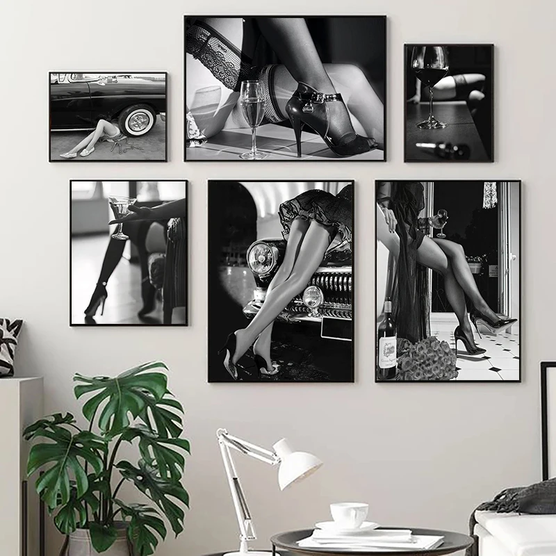 Black White Retro Sexy Woman Canvas Art Poster Wine Car Silk Stockings Girls Print Painting Flower Picture for Living Room Decor