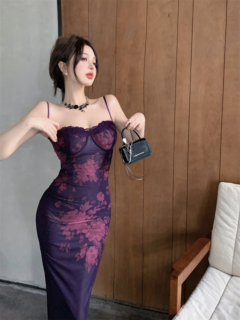 

Dress Women's Purple Floral Print Sleeveless Sling Spring and Summer Cheongsam Lace Skirt Split Sexy Waist Sheath Fashion Slim