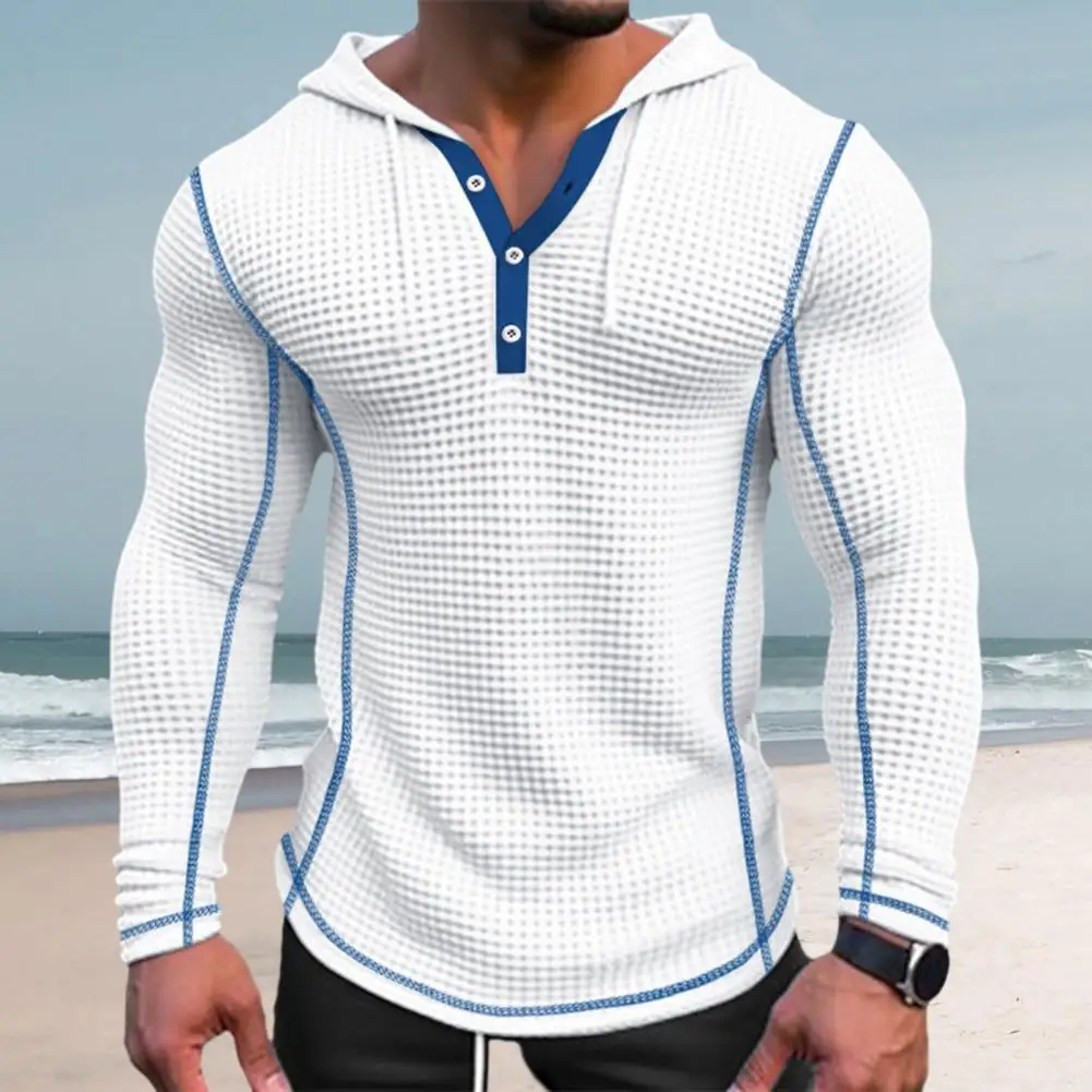 Breathable Waffle Fabric Sweatshirt Stylish Men\'s Waffle Cotton Hoodie Slim Fit Button Closing Breathable Long for Fashionable