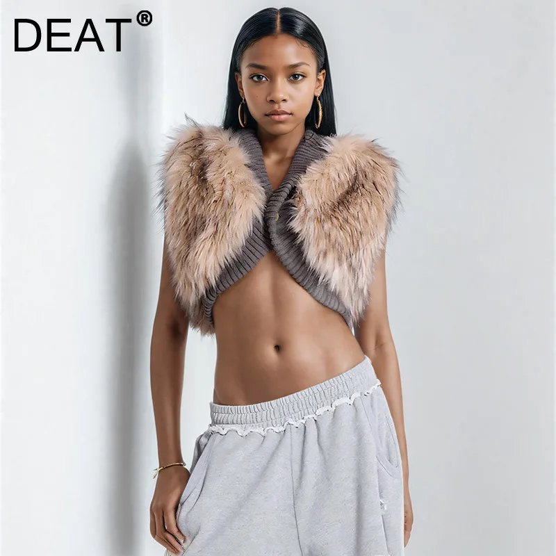 

DEAT Fashion Fur Patchwork Waistcoat For Women Casual Contrast Color Vests Female Trend 2024 Winter New Items 33A2401