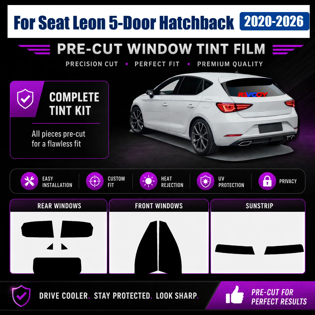 For Seat Leon 5-Door Hatchback 2020-2026 DIY Front Rear Side Window Sun Shade Film Heat & UV Blocking