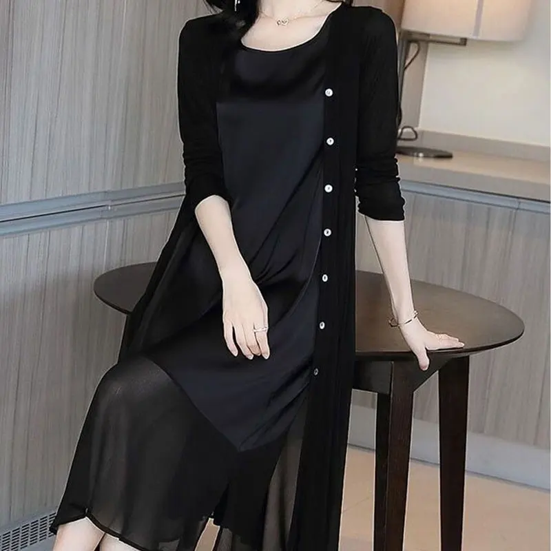 Casual Solid Color Patchwork Matching Sets Commute Single-breasted Spring Autumn Women\'s Clothing O-Neck Split Midi Dress Sets