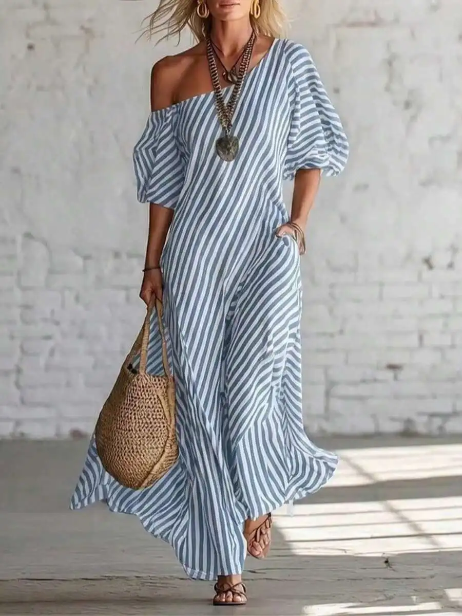 

Light Blue And White Diagonal Striped Off-Shoulder Maxi Dress With Puff Sleeves For Summer Boho Style Vacation Wear