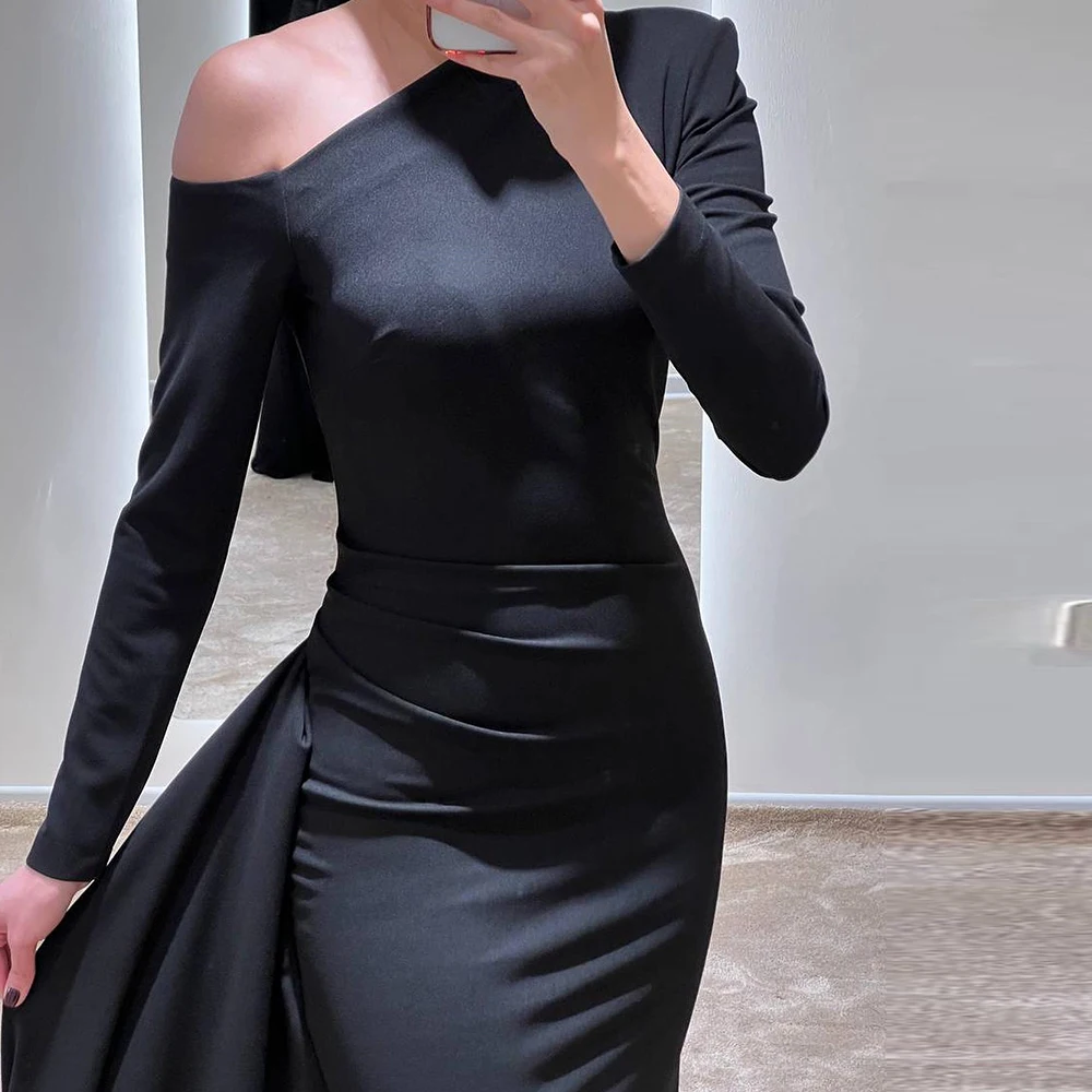 Straight Floor Length Strapless Jersey Long Sleeves Pleats  One Shoulder Evening Dress Celebrity Gowns Photo Color Fashion