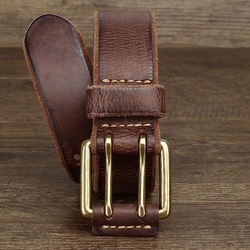 Belt For Men Leather Work Heavy Duty Double Buckles Dlawed Genuine Leather 3.8cm Male Copper Buckle Retro Brown  Men\'s Belt