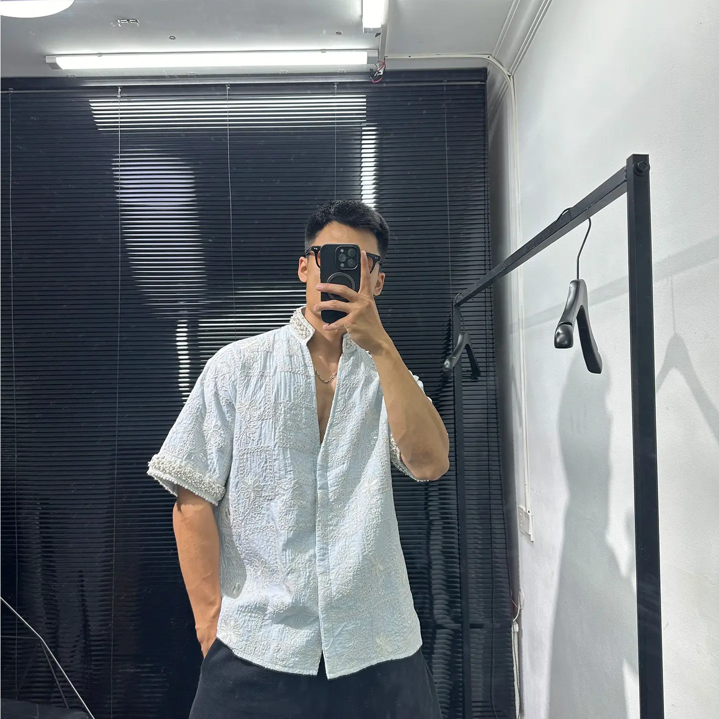 Dark Style High-Grade Heavy Industry Beads Design Short-Sleeved Shirt Men's Avant-Garde Loose Leisure All-Matching