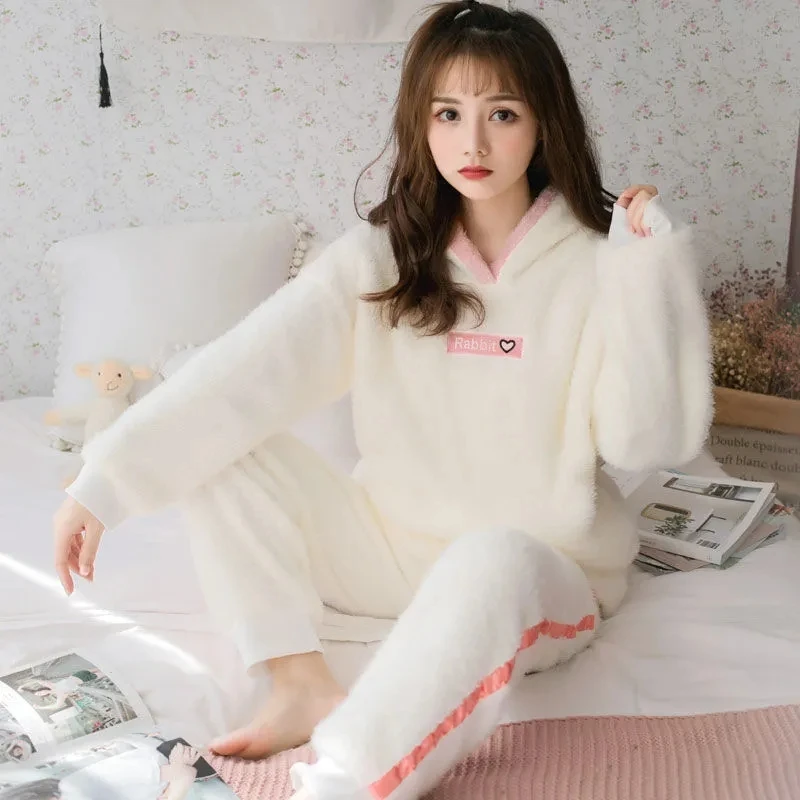 Winter Kawaiii Women\'s Pajamas Set Pyjamas Sets Thick Sleepwear Flannel Coral Velvet Long Sleeve Loungewear Pijama Mujer