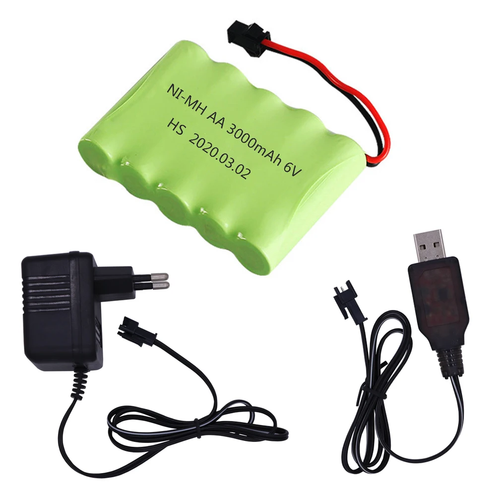 Ni-mh-bateria para brinquedos rc, 6 v, 3000mah, modelo sm, tomada m, carregador, carrinhos, robôs, tanque de barcos, armas, aa, 2400mah, 6 v, pacote de peças