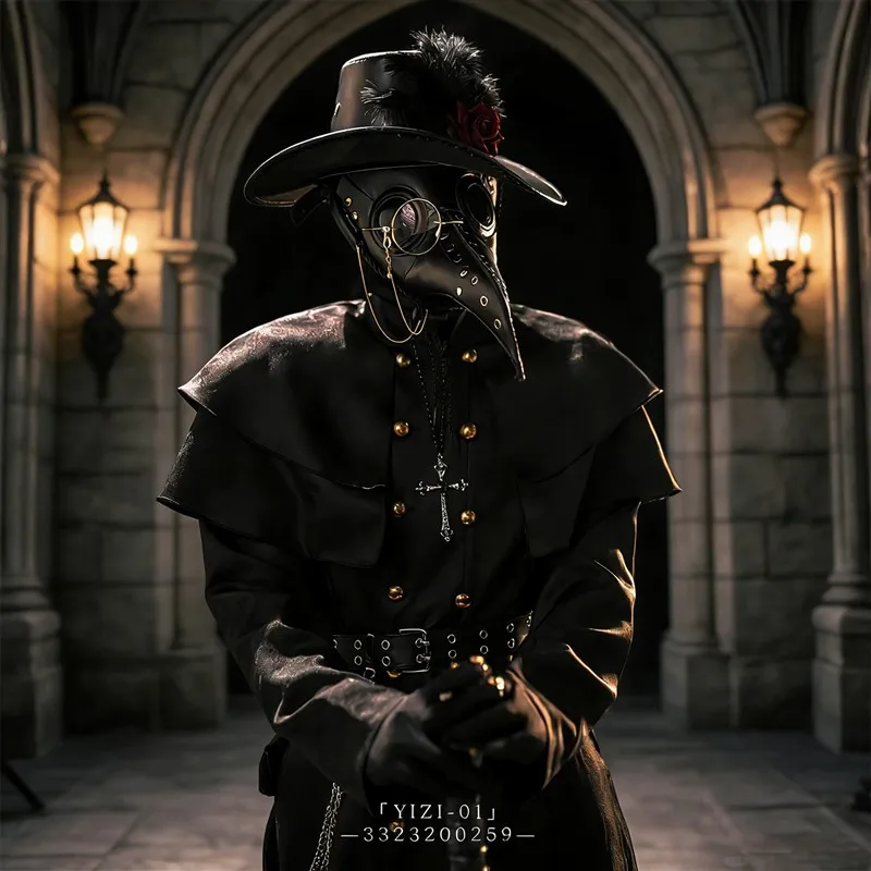 Black Heretic Plague Doctor Costume Adult Halloween Outfit Men's Bird Mouth Mask Clothes Skeleton Harvest Cosplay Props