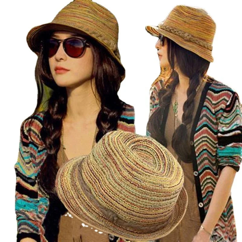 Summer Outdoor Hemp Rope Rainbow-Striped Women's Sun Hat: Fashionable Jazz Straw Hat and Beach Hat