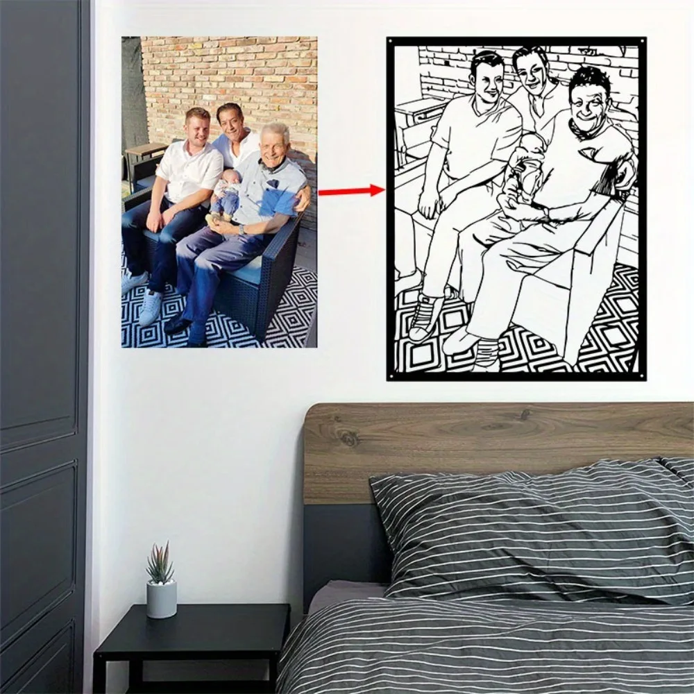 [2D Flat] Custom Multi-Generation Men Family Metal Plaque, Photo To Line Art Portrait Personalized Wall Decor (Only For Decorati