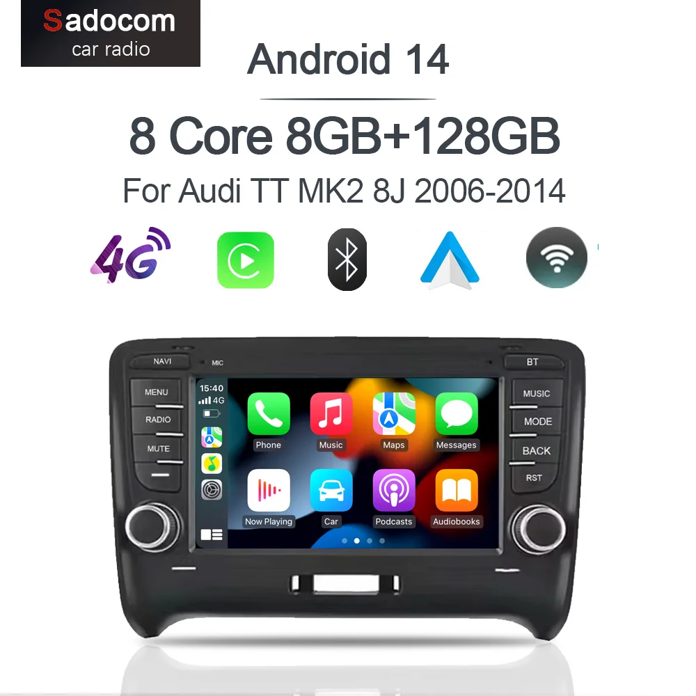 

Carplay DSP IPS Android 14.0 8GB +256GB 8Core Multimedia Player GPS Map RDS Radio Bluetooth Wifi For Audi TT 8J 2006-2015 2 din