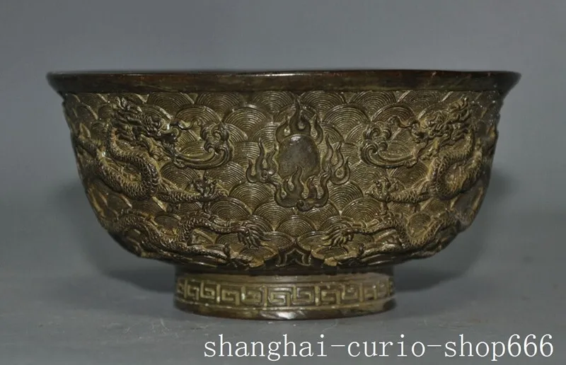 

4 inch Chinese Dynasty Bronze Feng Shui Fortune Dragon Dragon Dynasty Palace Teacup Bowl -Natural materials