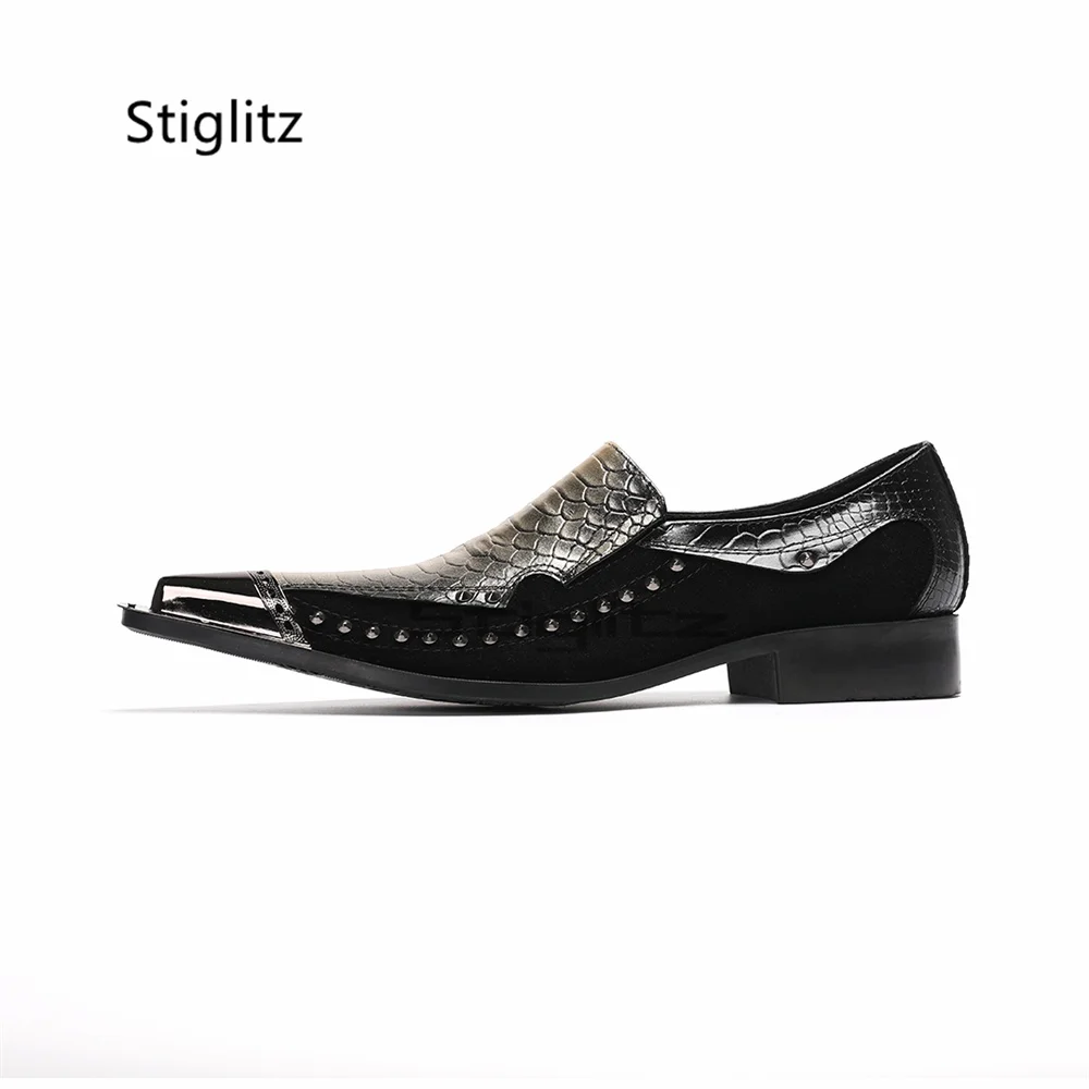 Rivets Snake Pattern Metal Pointed Men's Shoes Fashion Genuine Cow Leather Business Dress Shoes Handmade Patchwork Party Shoes