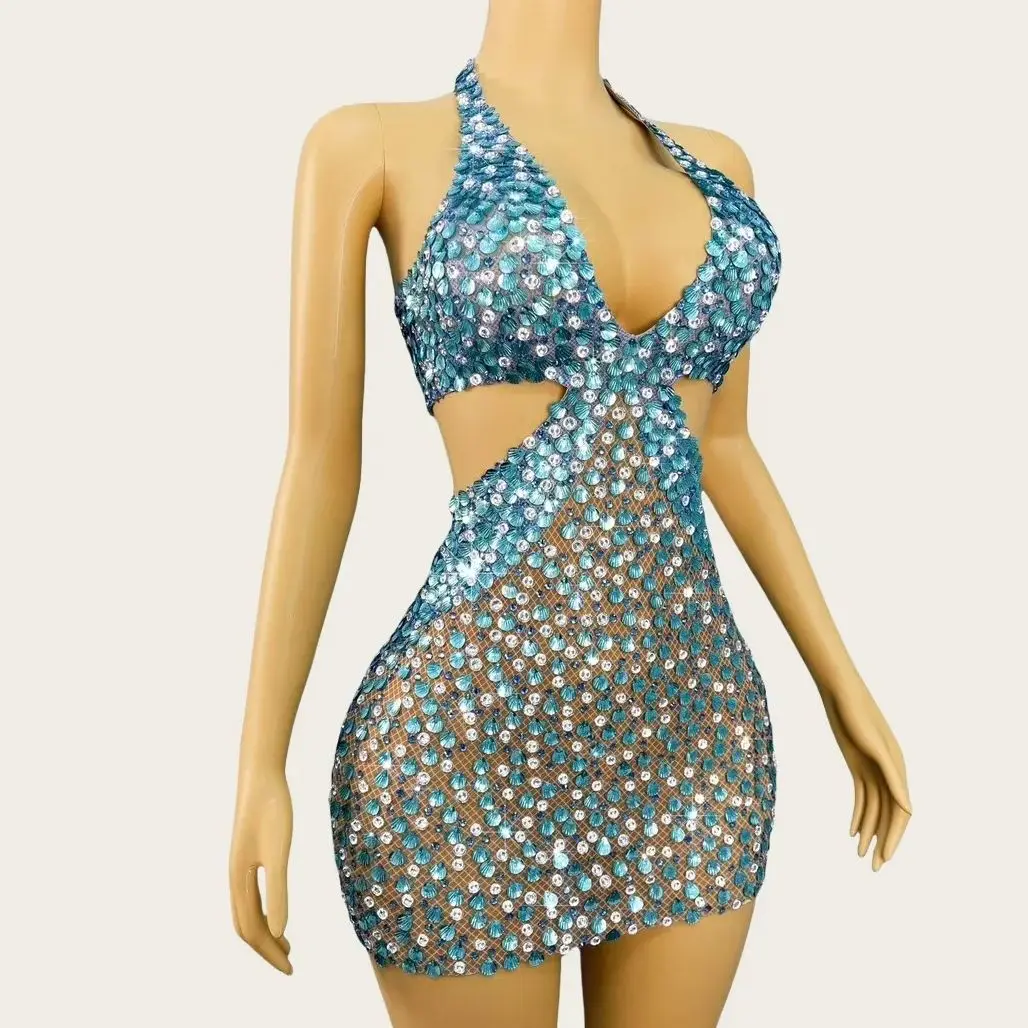 

Сексуальное короткое платье Beiduofen с синими кристаллами и блестками, летнее пляжное платье для вечеринок, вечернее платье без спинки