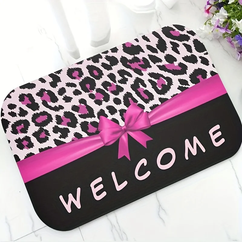 Stylish Leopard Print Bow Welcome Mat - Modern Pink Bow Polyester Floor Mat for Bathroom, Kitchen & Entryway - Washable Rug