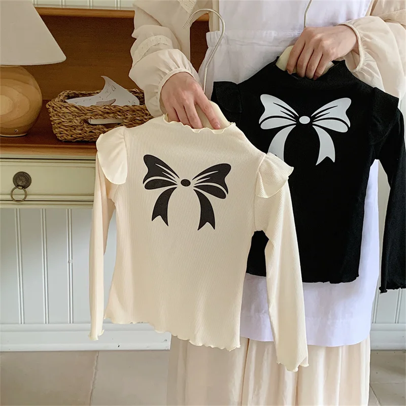 2Pcs Kids Spring Clothes Girls Long-Sleeved Bottoming Shirt Baby Bow Print Blouse Autumn New Fashion Tops Children Sweet T-Shirt