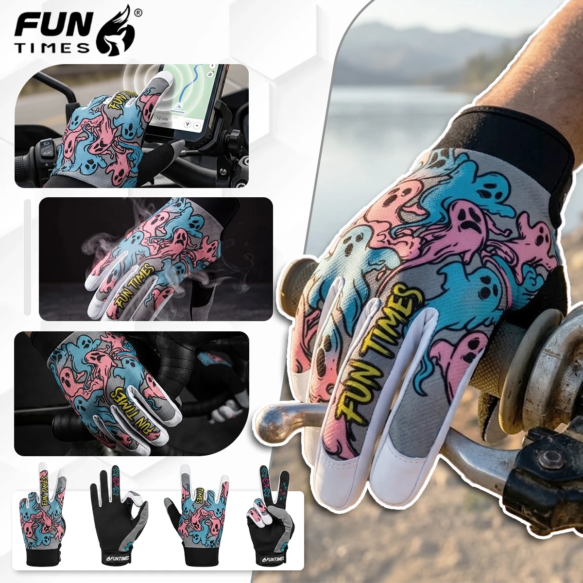 FUNTIMES Cool Ghost Graffiti Motorcycle Riding Gloves Full Finger Breathable Touch Screen Outdoor Riding Equipment Gloves