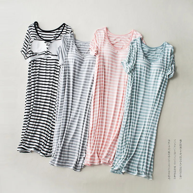 Summer Ladies Modal Long Nightdress Short-sleeved Skirt with Chest Pad Mid-length Plus Size Pajamas Striped Home Nightdress