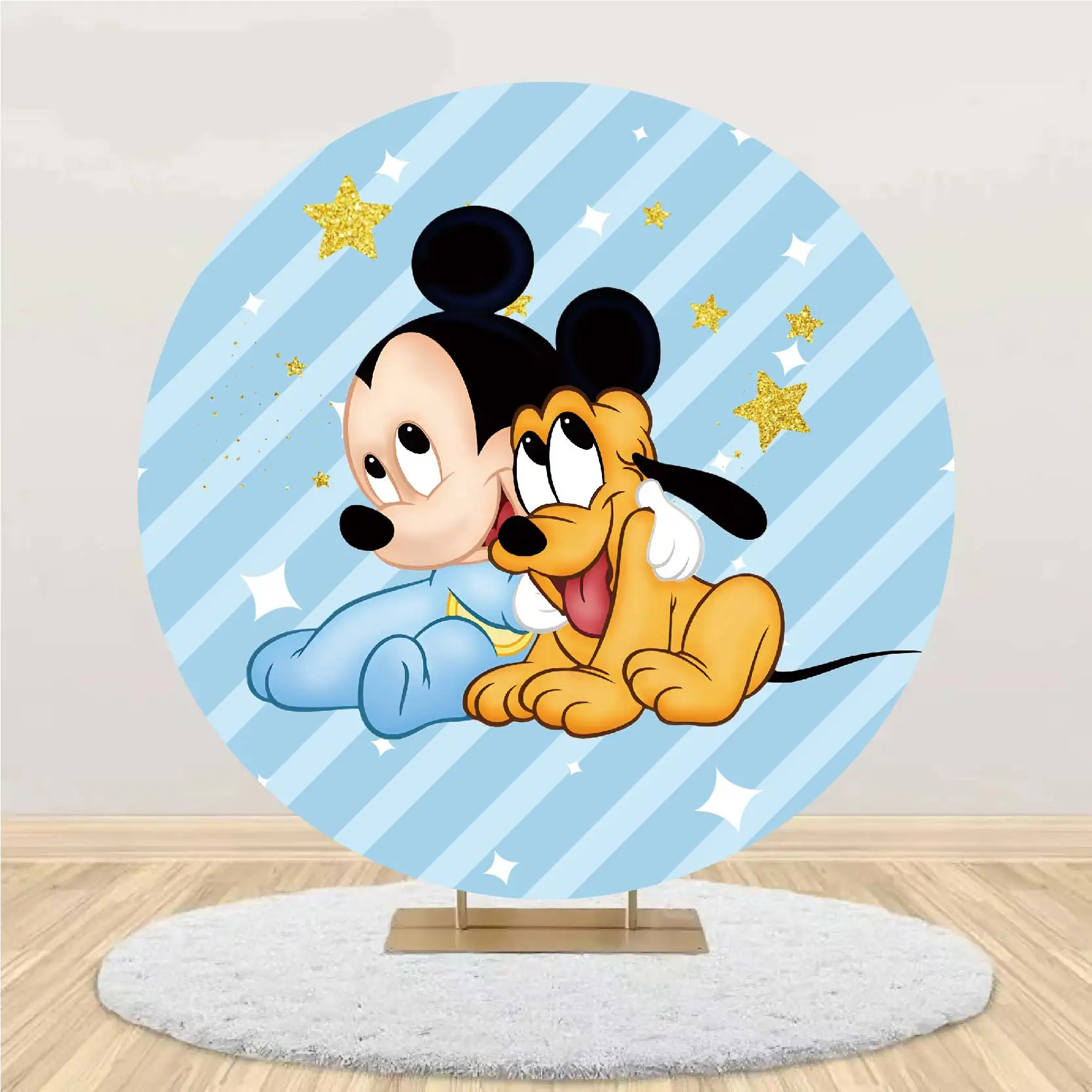 Baby Mickey Round Cylinder Backdrop Cover for Boy Baby Shower Gender Reveal Party Supplies Photo Shooting Background Wall Decor