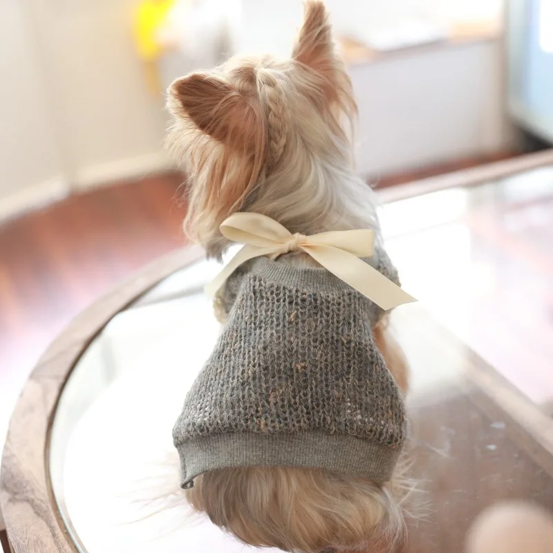 

Pet luxurious Clothes Winter Light Grey Bow Sweater Cat Teddy Yorkshire Pet Tank Top Puppy Clothes Dog Clothes for Small Dogs