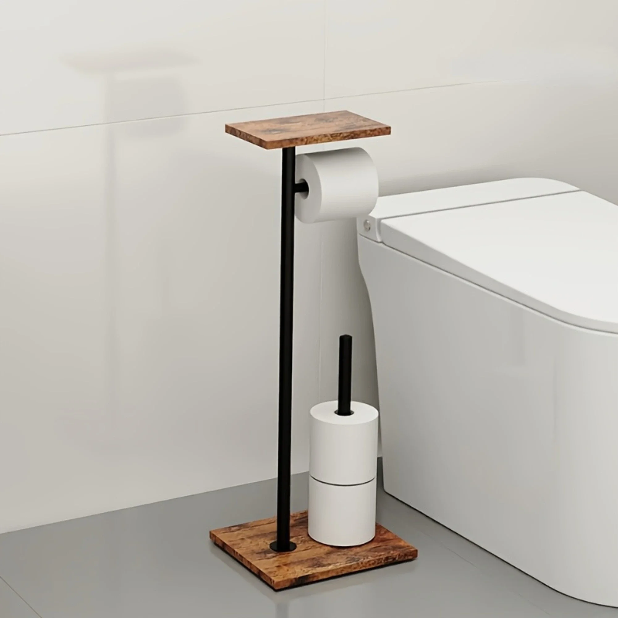 Stainless Steel Toilet Paper Holder with Wooden Tray Multifunctional Paper Towel Holder Bathroom Accessories Household Items