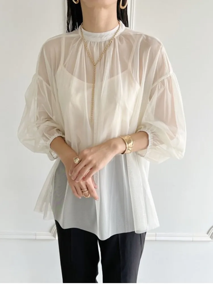 ECR Casual Patchwork Sheer Mesh Blouses For Women Round Neck Long Sleeve Minimalist Solid Loose Shirts Female Spring Fashion New