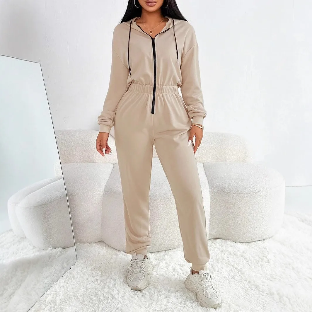 2025 Spring And Winter New Women's Hooded Zipper Elastic Waist l One-Piece Sports Leisure Comfortable Hoodie Set