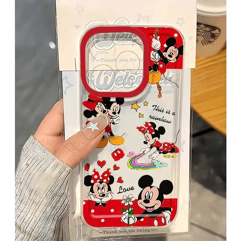 Full Screen Disney Mickey Minnie Mouse Red Bow Strap Phone Case For iPhone 16 15 14 13 12 11 PRO MAX XSMAX XR 7 8 Plus Y2K Cover