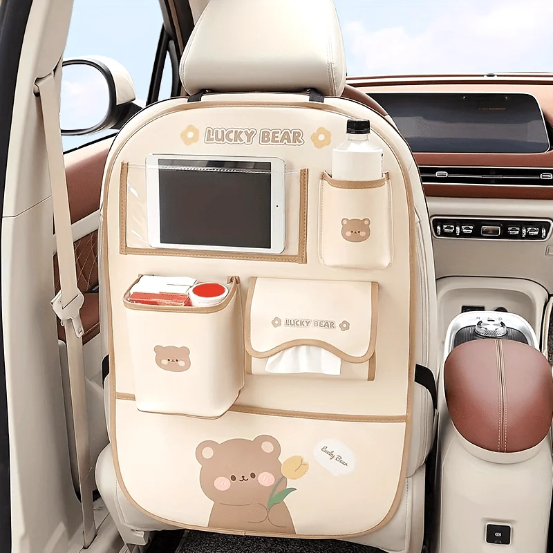 

1pcs PU Leather Car Seat Back Organizer with Cute Cartoon Pattern, Multifunctional Car Trash Can Anti-Kick Mat for Car Interior