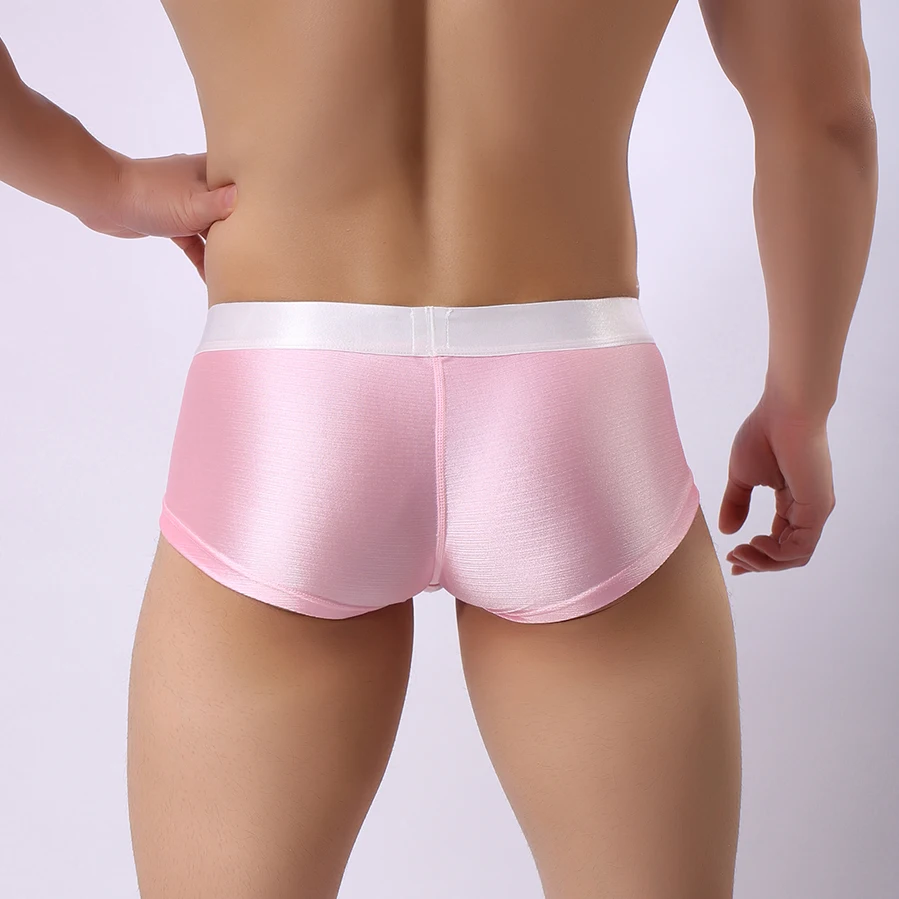 Pink Pouch Men Boxer Underwear Bulge Shiny Bright Underpants Ice Silk Sexy Panties Male Breathable Boxershorts Woxuan Lingerie