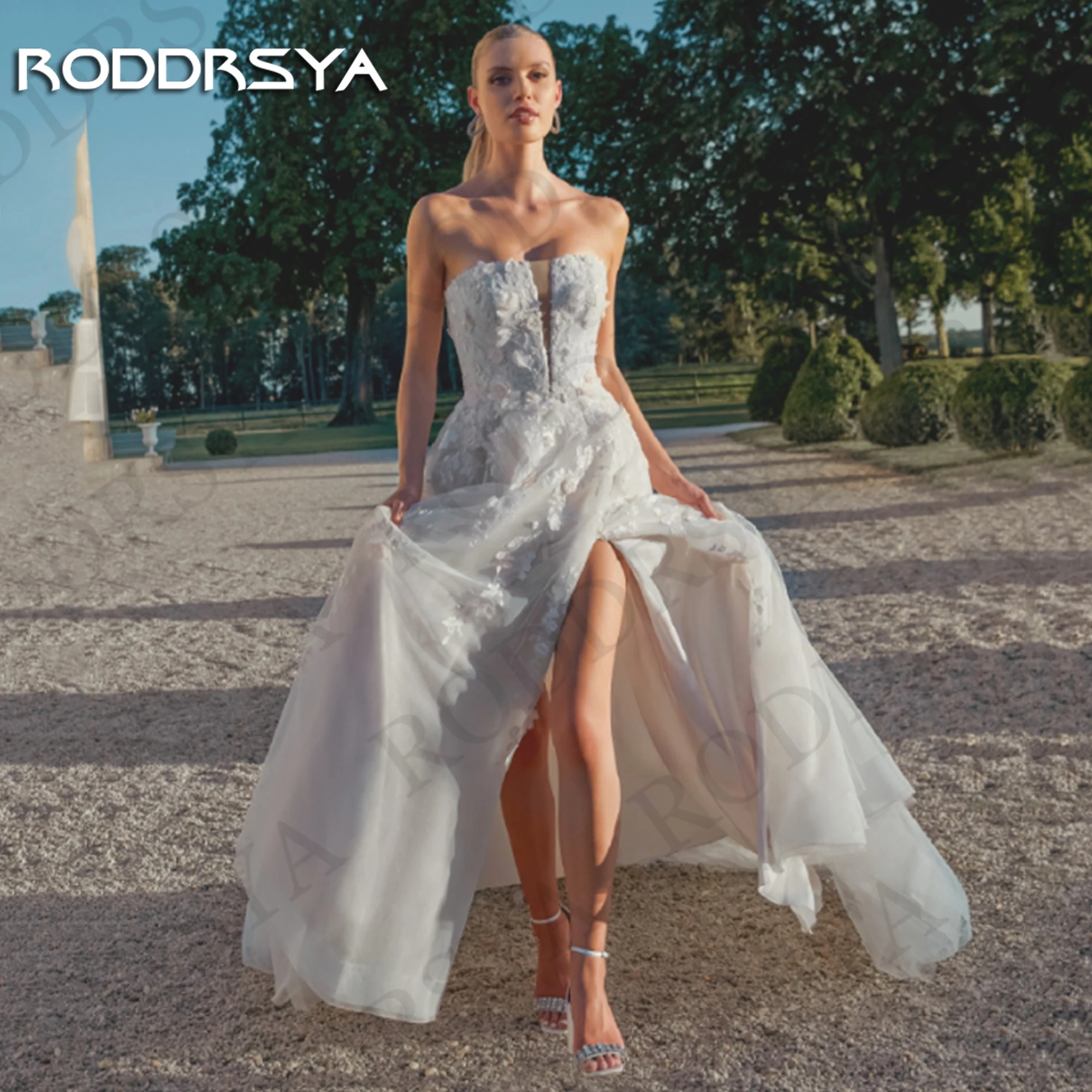 RODDRSYA Strapless A Line Wedding Dresses New Lace Appliques Split Backless Bridal Dress Tulle Custom Made vestidos de novia