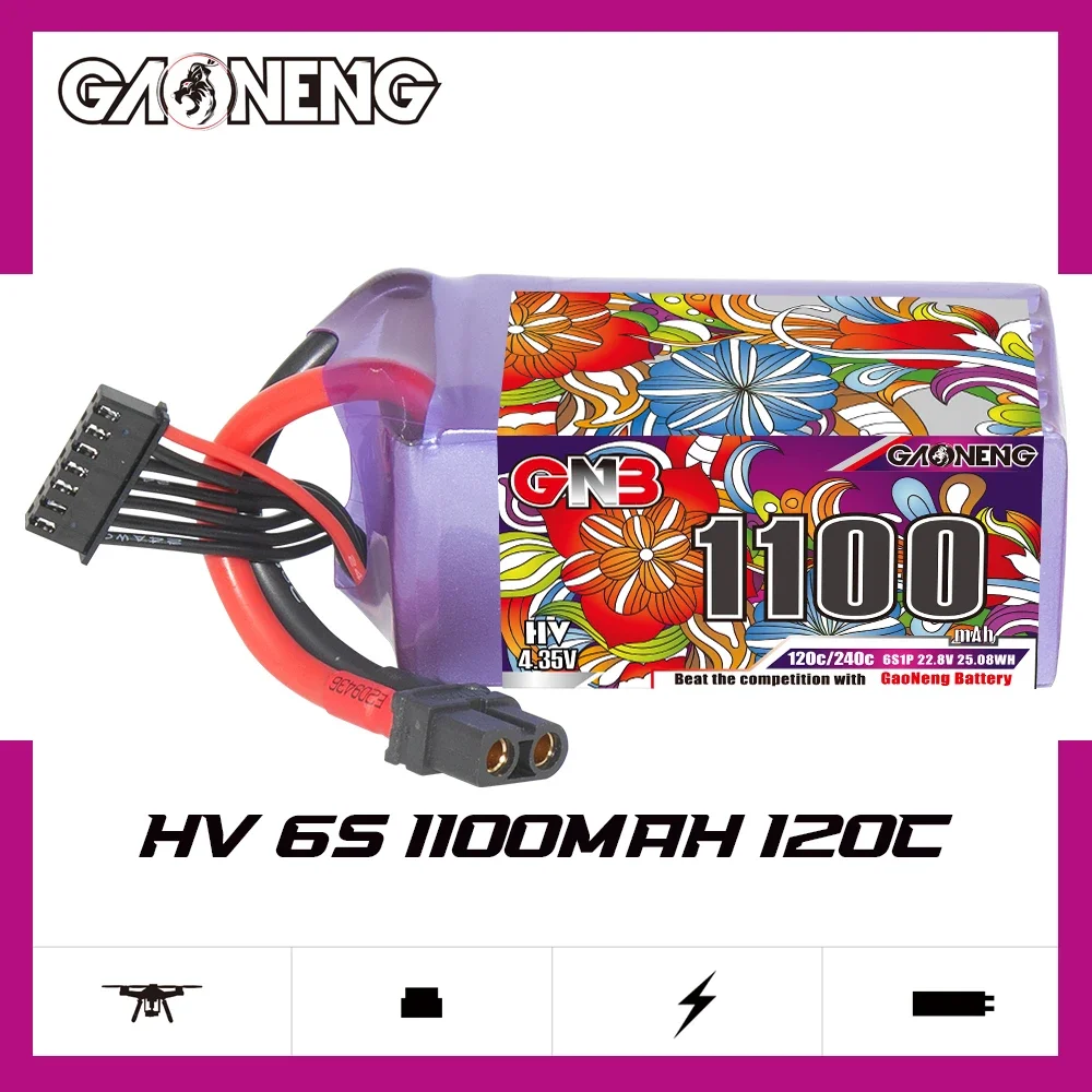 

GAONENG GNB 1100mAh HV 6S 120C 240C 22.8V XT60 LiPo Battery 5 to 6 inch Drone 180-330mm Brushless FPV Crocodile5 Baby