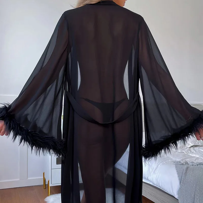 속옷 봄/여름 신상품 쉬폰 단색 시스루 유혹 플러시 롱 파자마 여성 홈웨어