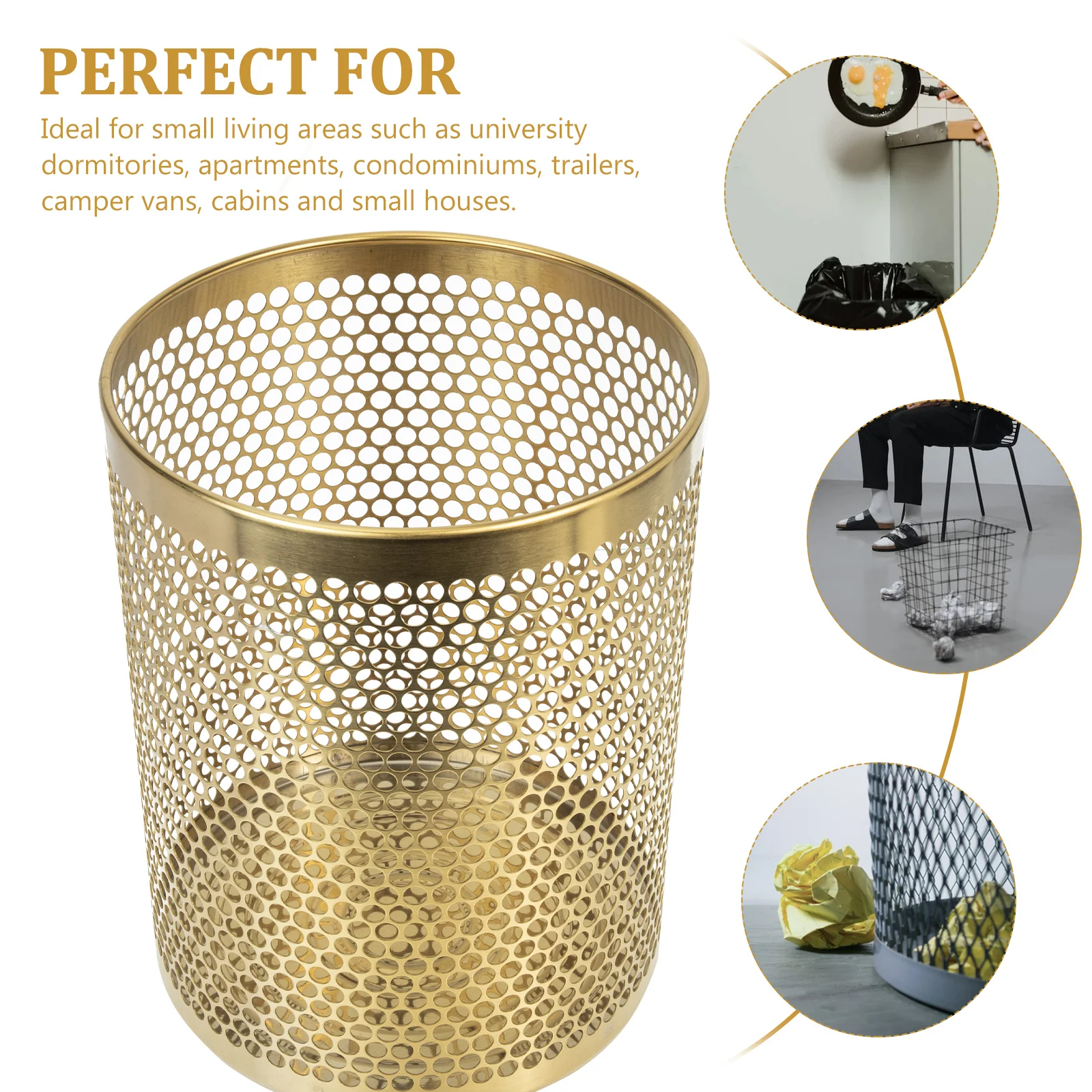 Golden Trash Can Kitchen Garbage Holder Hollow Out Waste Basket Rack Bin Stainless Steel Hotel Storage Bucket Home Office