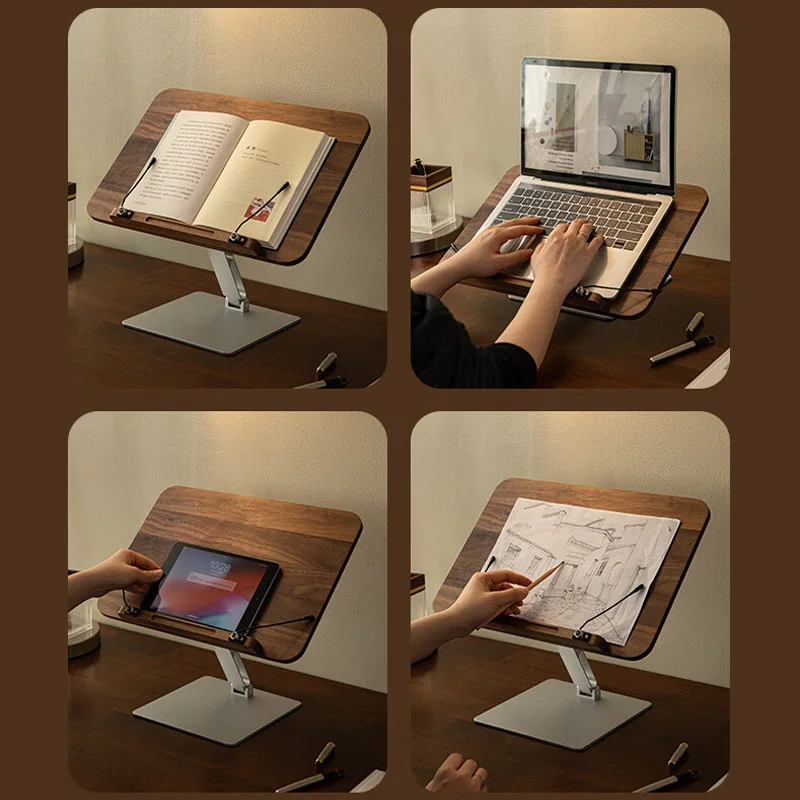 Adjustable Reading Stand Walnut Wood Multi Functional Book Tablet Ipad Laptop Holder Art Easel 360° Rotation Desk Organizer