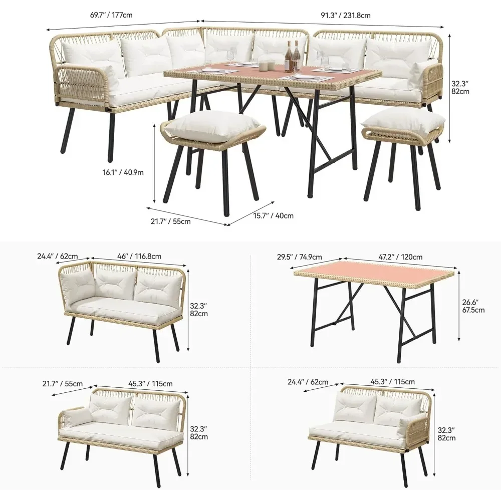 XMSJ-Ensemble de meubles de jardin en rotin, meubles en forme de L, chaise à coussin doux, tous temps, .c8 pièces