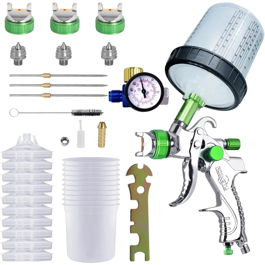 

HVLP Paint Sprayer with 10pcs 600ML Mixing Quick Cup Spray Paint Gun Set Including 3 Nozzles 1.4 1.7 2mm and Pressure Gauge Ide